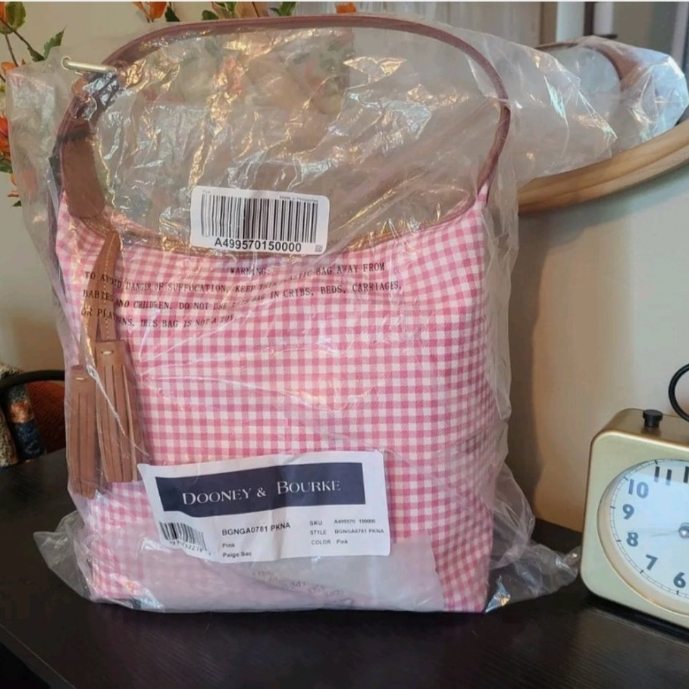 Dooney & Bourke Paige Hobo Shoulder Bag Gingham Plaid Canvas Leather NWT Pink